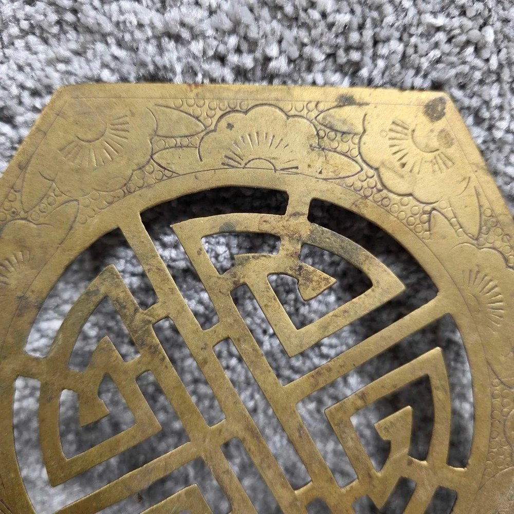 Vintage Brass Trivet with Longevity Symbol – Hexagonal Asian‎ Decor Japan